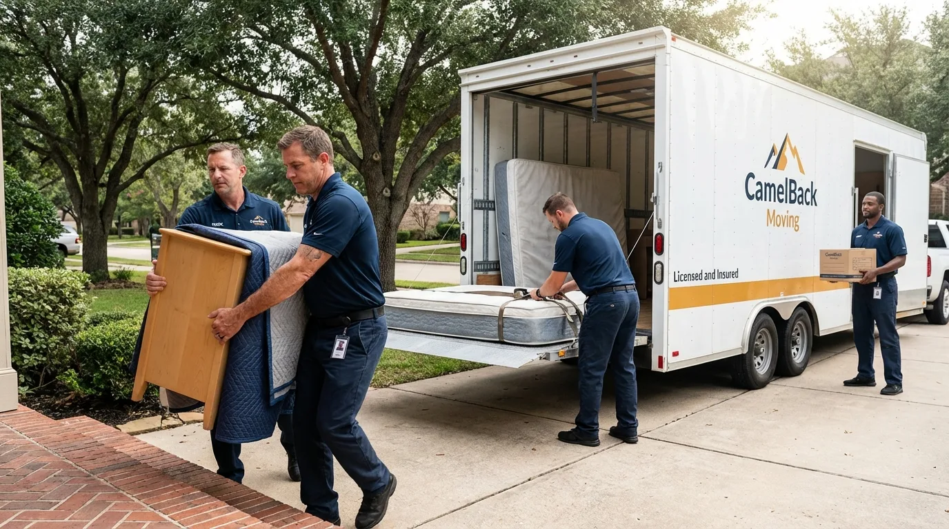 Crew loading residential truck for cross-state move from New Franklin, MO