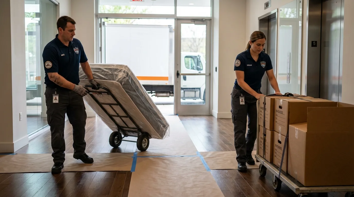 Professional apartment movers loading elevator in New Franklin, MO