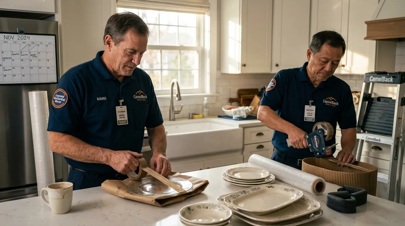Professional crew packing kitchen dishware in New Franklin, MO